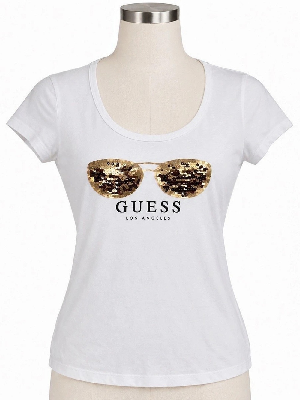 GUESS Gold Sequin Sunglasses Graphic Tee Size Small White Y2K McBling